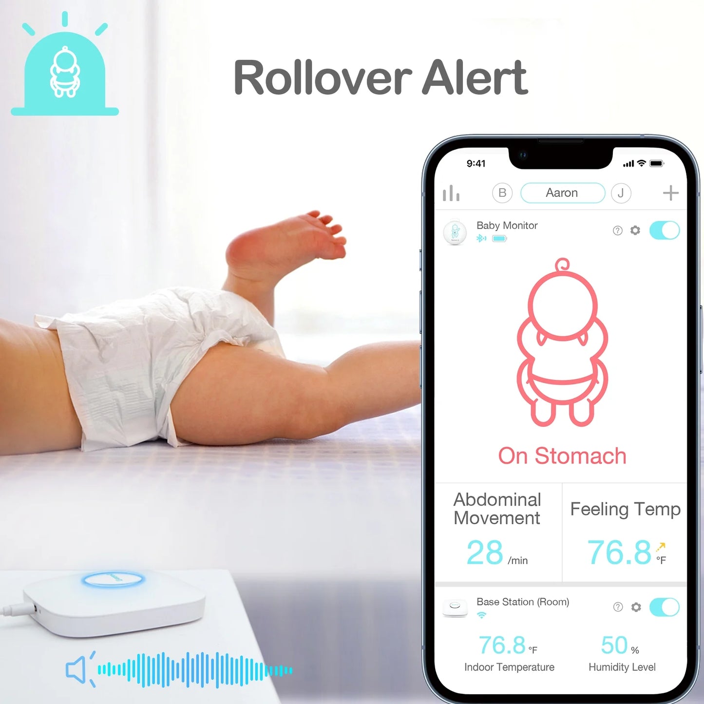 Smart Baby Abdominal Movement Monitor - Tracks Baby'S Abdominal Movement, Temperature, Rollover, Sleeping Position and Humidity on Smartphone and Base Station - Anytime, Anywhere, Green