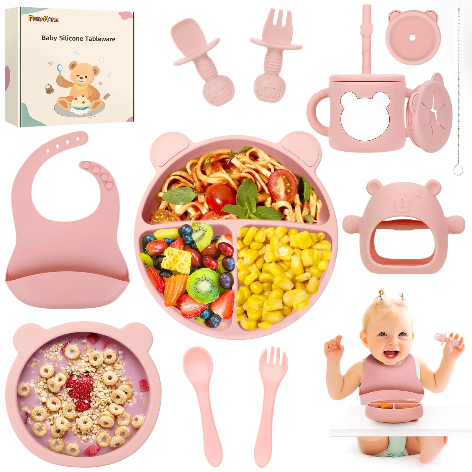 Silicone Baby Feeding Set, 12Pcs Safe Baby Led Weaning Supplies for Toddlers, Baby Plates and Bowl Set, Baby Spoon and Baby Bib, Baby Feeding Essentials(Pink)