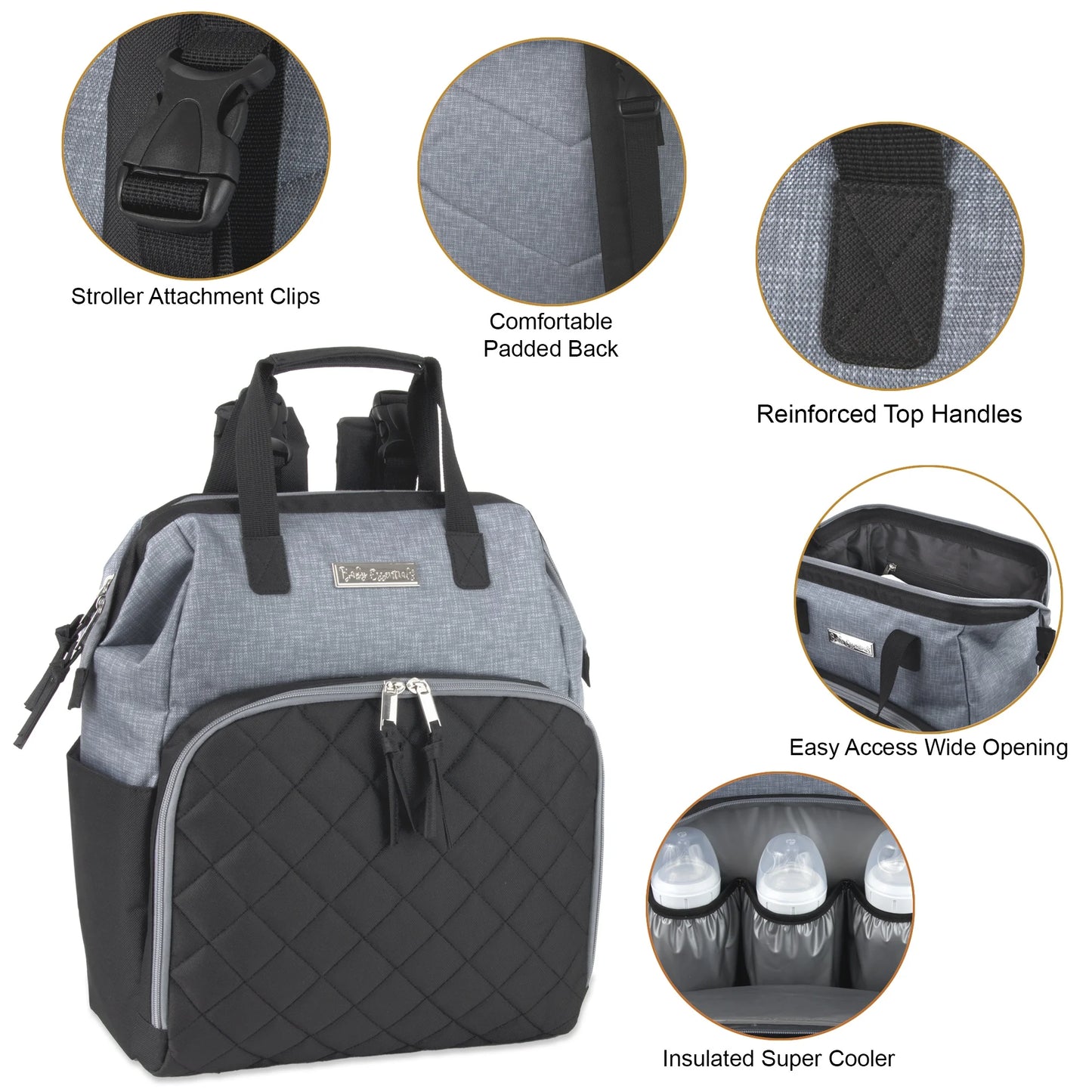 Super Cooler Main Frame Dual Zipper Closure Diaper Bag Backpack Tote with Matching 6-Ply Changing Pad, Insulated Bottle Pockets, Stroller Straps and Pacifier Pouch in Black & Gray