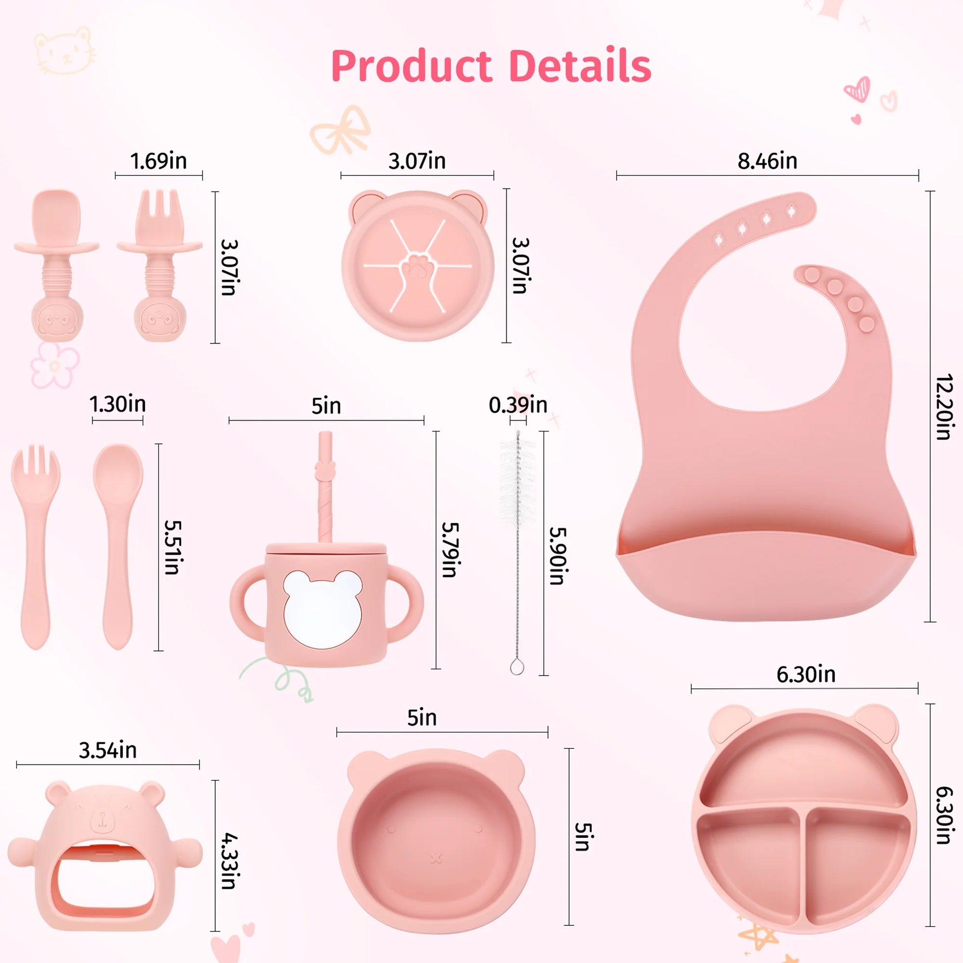 Silicone Baby Feeding Set, 12Pcs Safe Baby Led Weaning Supplies for Toddlers, Baby Plates and Bowl Set, Baby Spoon and Baby Bib, Baby Feeding Essentials(Pink)