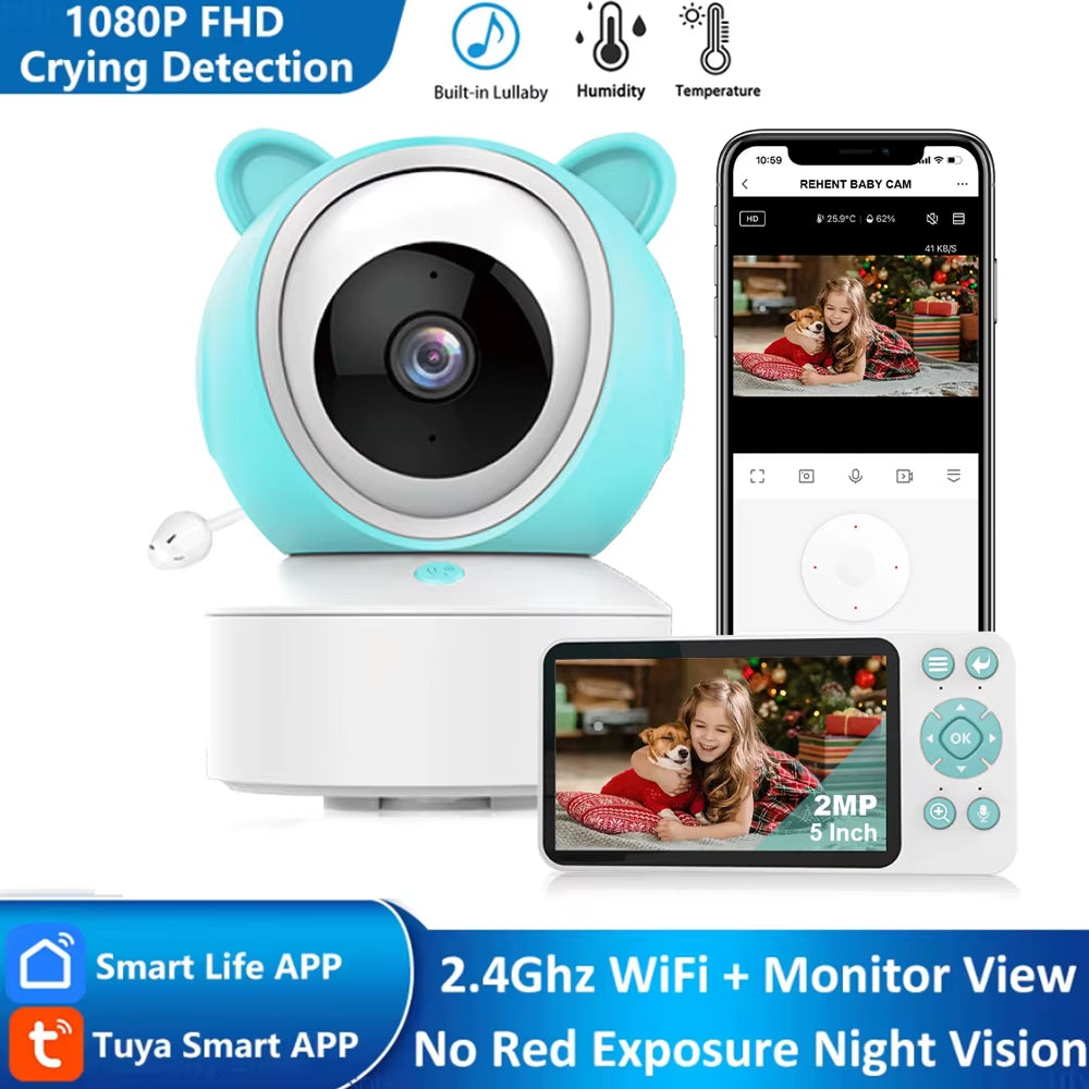 5" Tuya Smart Wifi Feeding Reminder Temperature Motion Sound Detection APP View Control Audio Video Baby Monitors Camera 1080P