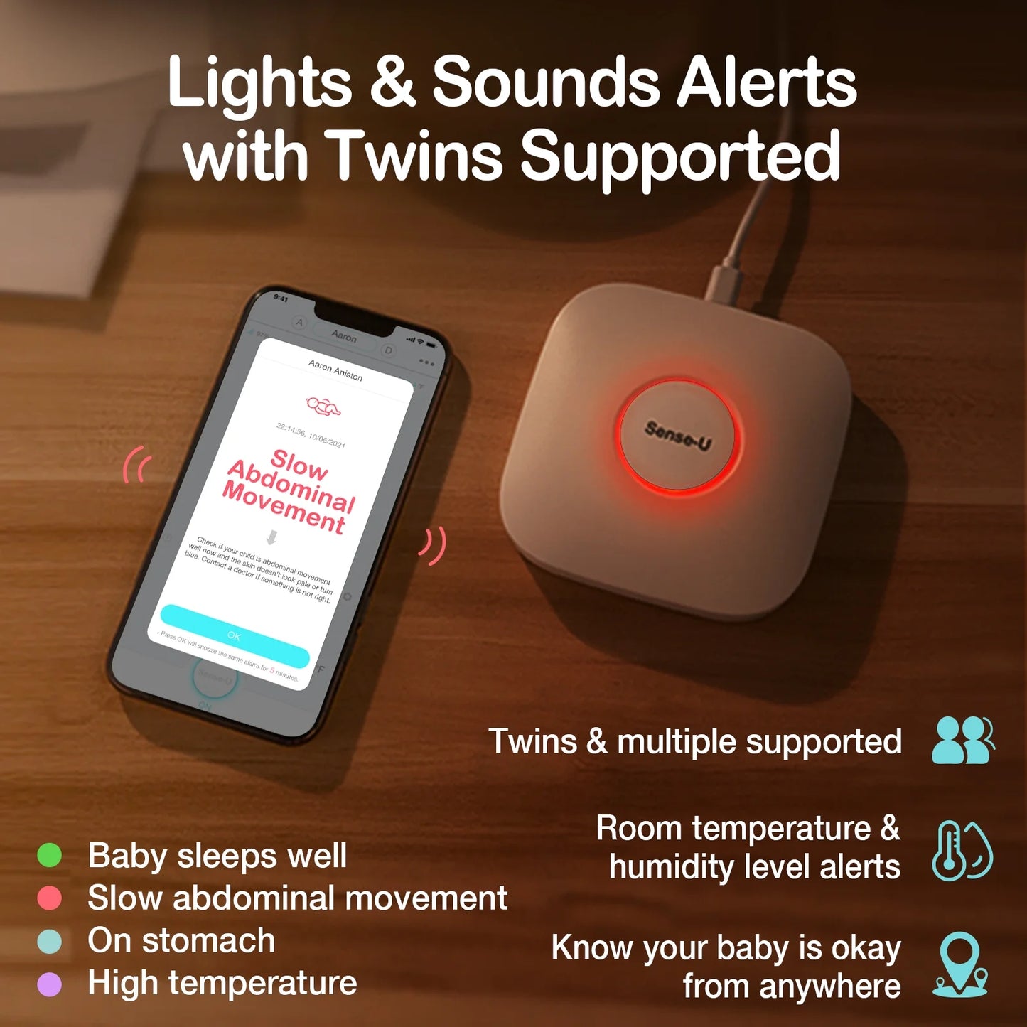 Smart Baby Abdominal Movement Monitor - Tracks Baby'S Abdominal Movement, Temperature, Rollover, Sleeping Position and Humidity on Smartphone and Base Station - Anytime, Anywhere, Green