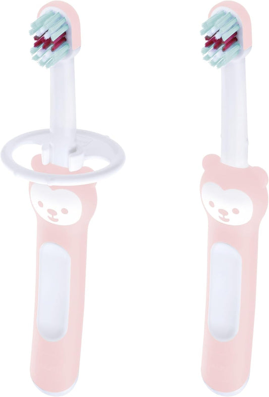 Baby Toothbrushes (2 Baby'S Brushes and 1 Safety Shield), Toothbrushes with Brushy the Bear Character, Interactive App, for Girls 6+ Months, Pink