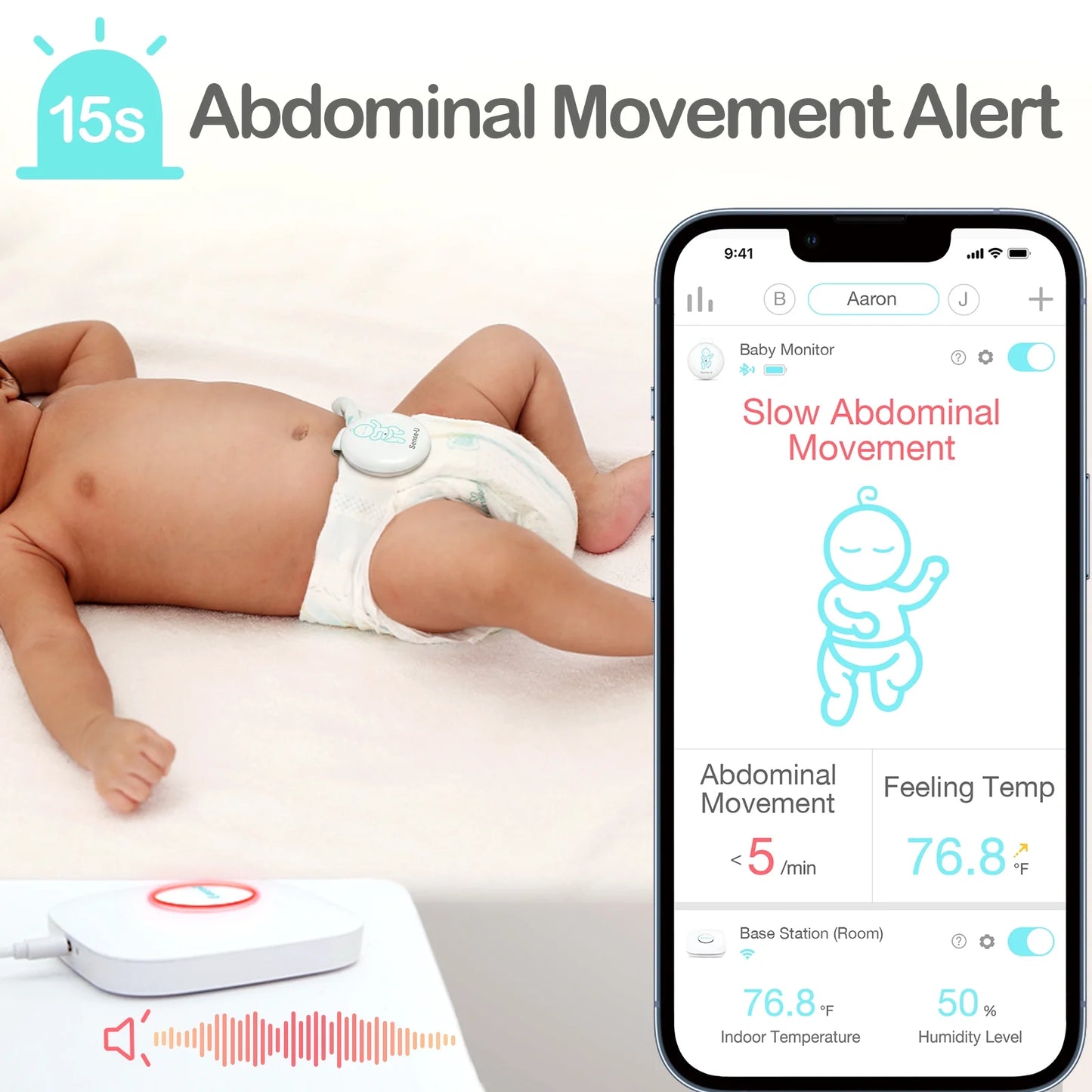 Smart Baby Abdominal Movement Monitor - Tracks Baby'S Abdominal Movement, Temperature, Rollover, Sleeping Position and Humidity on Smartphone and Base Station - Anytime, Anywhere, Green