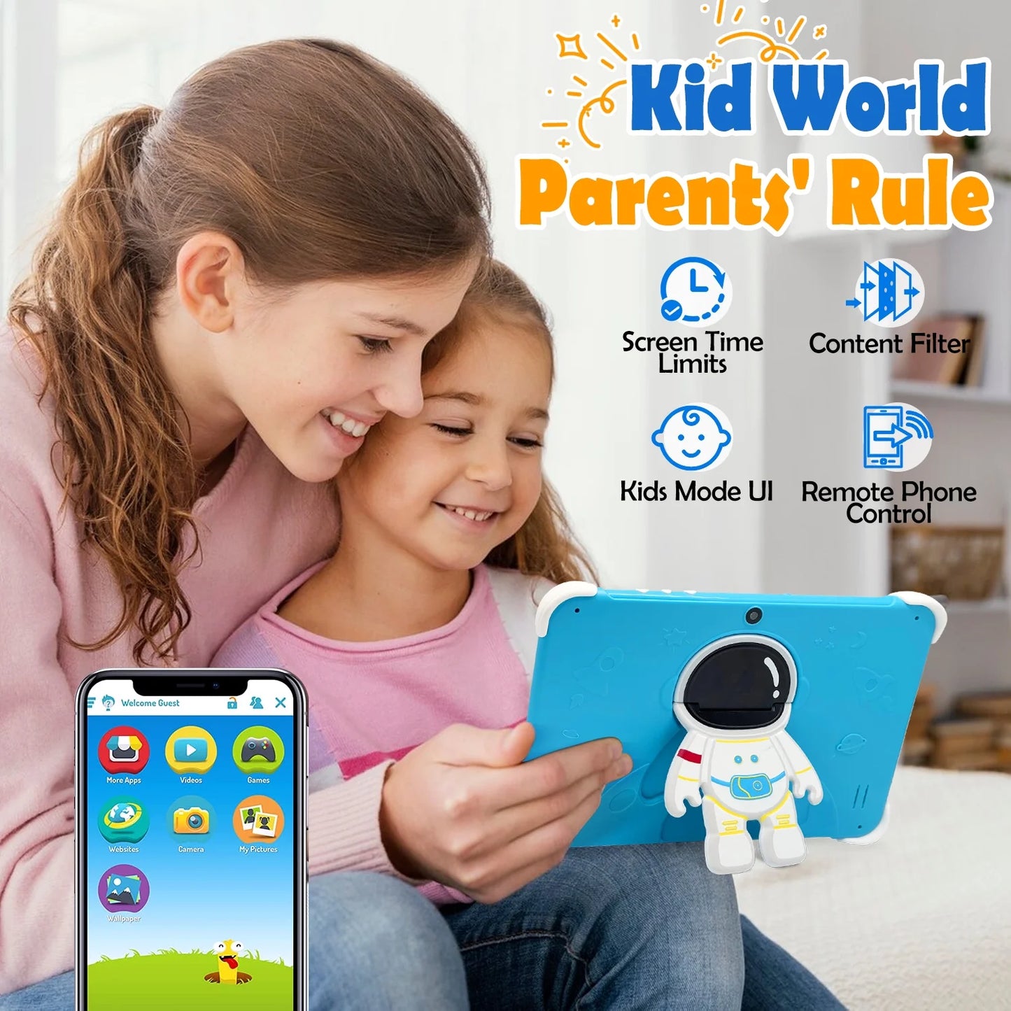 10.1 Inch Kids Tablet, 64GB Storage Wifi Android 14 Tablet for Kids, HD Touch Screen, Parental Control, Learning Tablet with IWAWA Application, Children'S Tablet with Blue Case S1