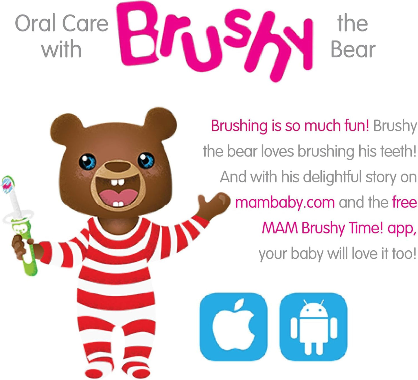 Baby Toothbrushes (2 Baby'S Brushes and 1 Safety Shield), Toothbrushes with Brushy the Bear Character, Interactive App, for Girls 6+ Months, Pink