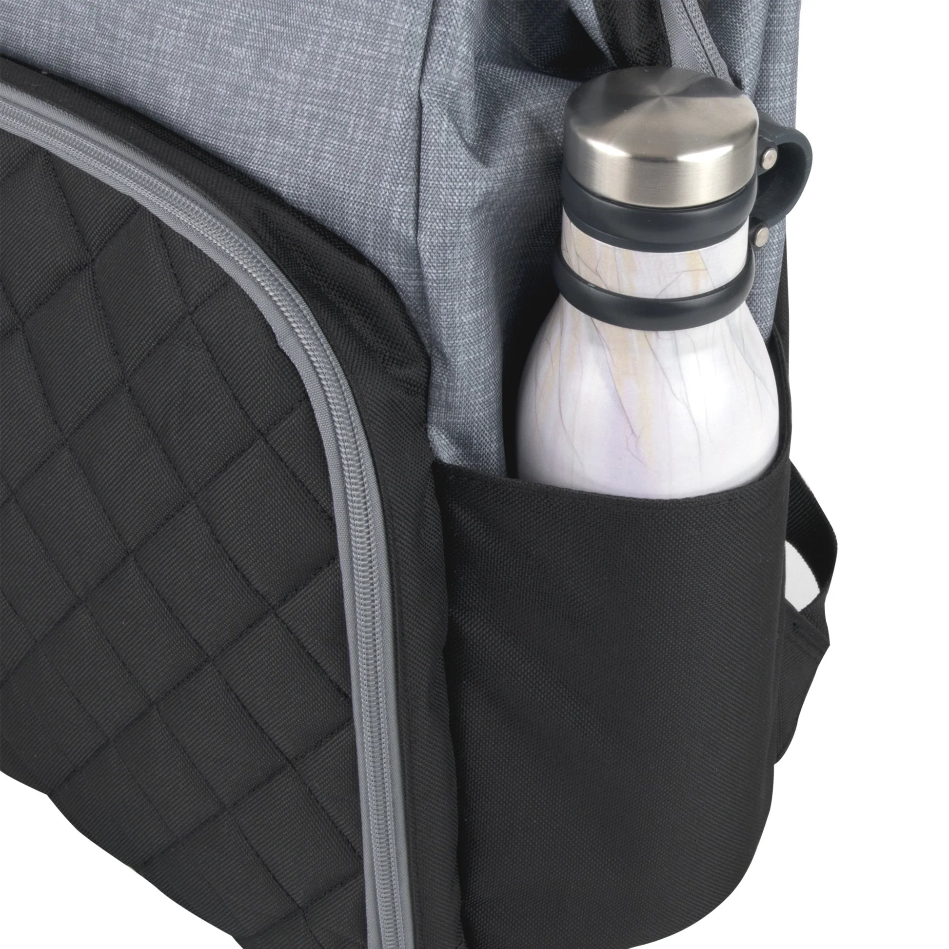 Super Cooler Main Frame Dual Zipper Closure Diaper Bag Backpack Tote with Matching 6-Ply Changing Pad, Insulated Bottle Pockets, Stroller Straps and Pacifier Pouch in Black & Gray