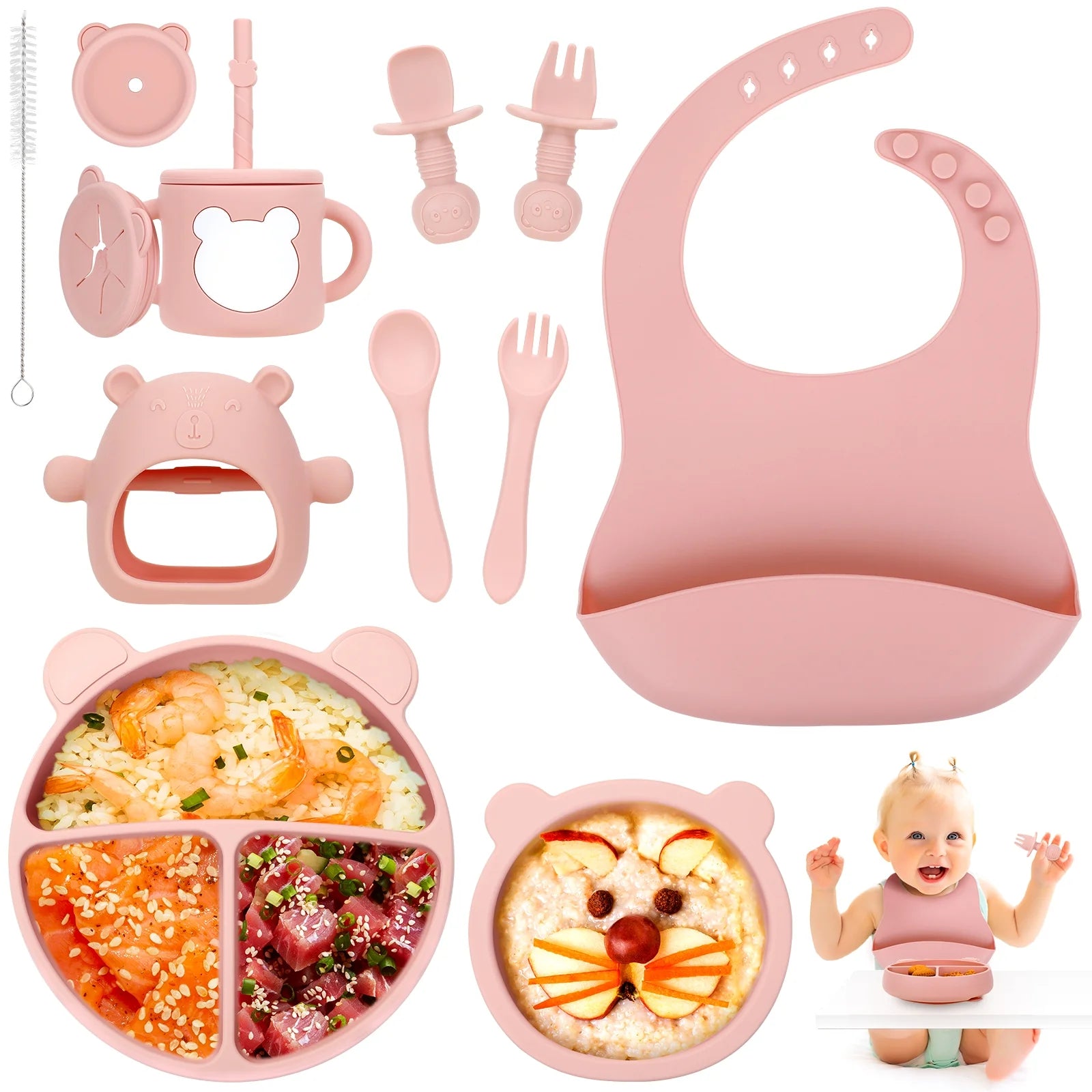 Silicone Baby Feeding Set, 12Pcs Safe Baby Led Weaning Supplies for Toddlers, Baby Plates and Bowl Set, Baby Spoon and Baby Bib, Baby Feeding Essentials(Pink)