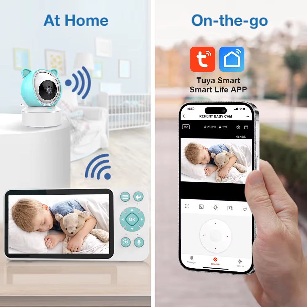 5" Tuya Smart Wifi Feeding Reminder Temperature Motion Sound Detection APP View Control Audio Video Baby Monitors Camera 1080P